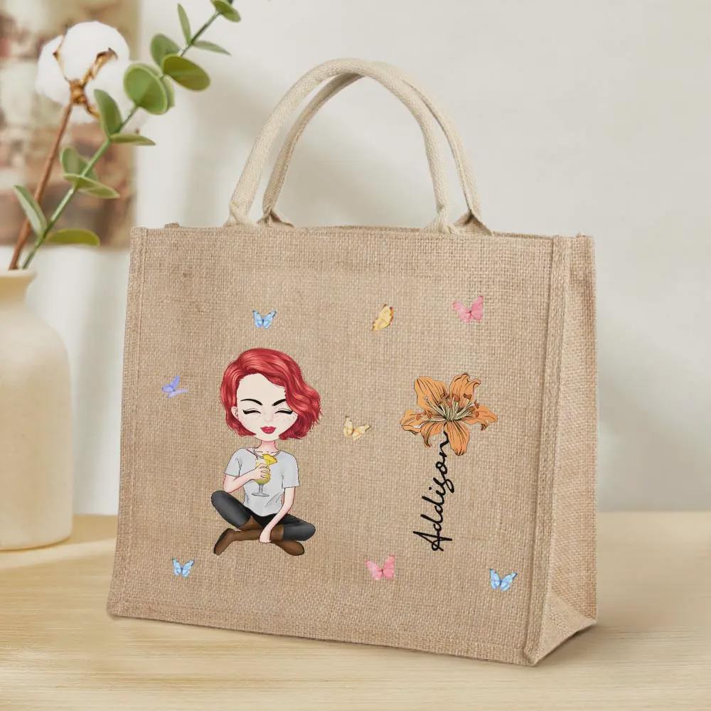 Personalized Birth Flower Jute Tote Bag for Women and Grandmas – Custom Cartoon Garden Design with Name – Wedding & Birthday Gift for Her