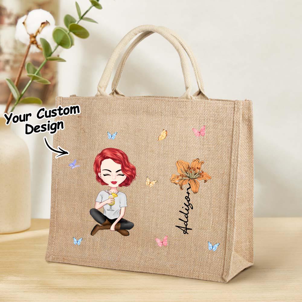 Personalized Birth Flower Jute Tote Bag for Women and Grandmas – Custom Cartoon Garden Design with Name – Wedding & Birthday Gift for Her